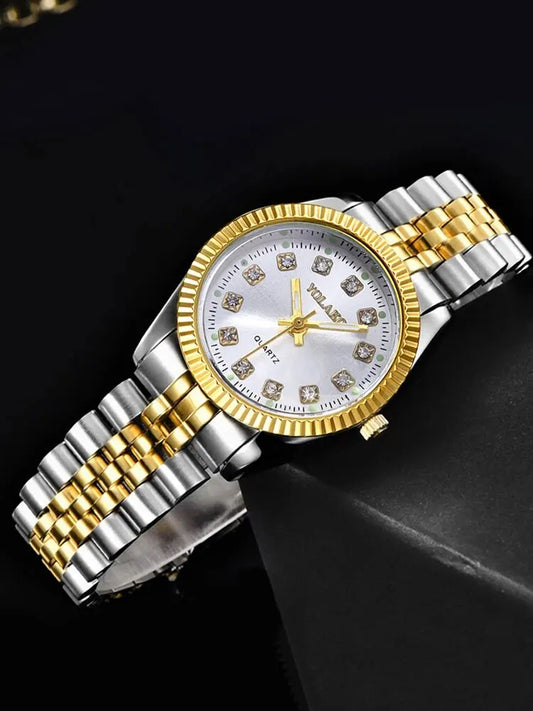 1 Piece of Fashionable, Business and Leisure Versatile Diamond Inlaid WOMEN'S Room Gold Steel Band Quartz Wristwatch